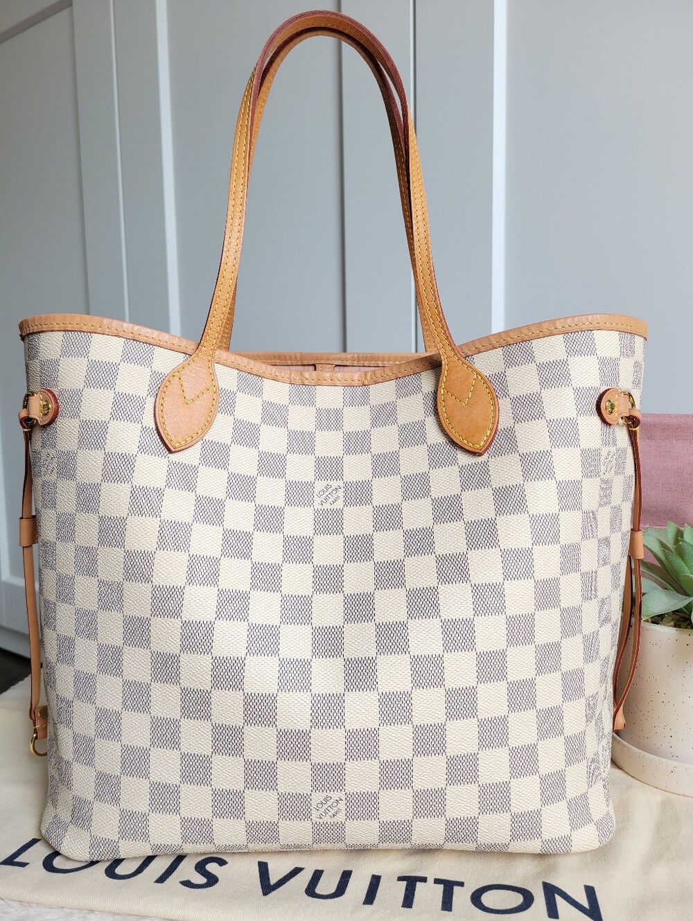💕BEAUTIFUL Louis Vuitton Tote Bag Neverfull MM Damier AZUR "Rose Ballerine